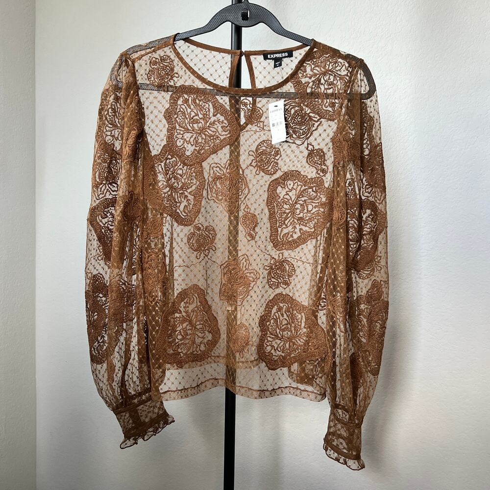 NWT Express Women's Sheer Lace Long Sleeve Round Neck Brown Top Size M